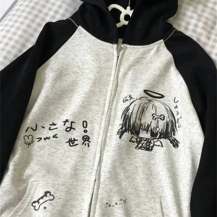 Japanese Contrast Color Hooded Tops Women Y2k Aesthetic Cartoon Print Grunge Hoodie Casual Zip Up Sweatshirt Harajuku Streetwear