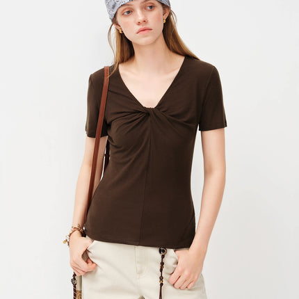 FSLE 2026 Spring Summer Women's Slim Fit V-Neck Short Sleeve Knit Top Mulberry Silk Cupro Blend Shirt for Lightweight Soft Touch