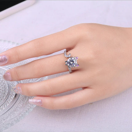 JewelryPalace New Arrival Love Cat 3ct Round Gemstone 925 Sterling Silver Open Adjustable Ring for Woman Girl Fashion Cute Ring
