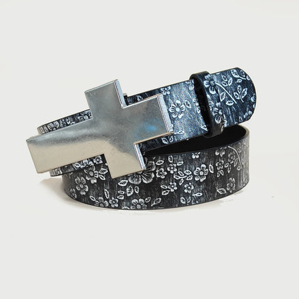 Luxury Designer Gothic Punk Belt for Men And Women Cross Buckle plus Size Silver Flora Black Waistband for Jeans Skirt Dress