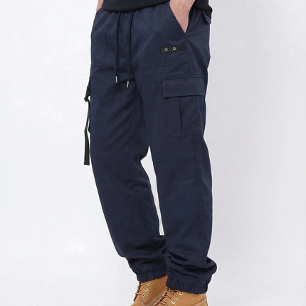 2026 New Men Streetwear Multi Pocket Decor Strap Cargo Joggers Elastic Waist Loose Ankle Lightweight Outdoor Casual Work Pants