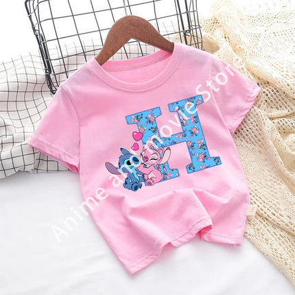 Stitch Disney T Shirt for Girls Children Clothes Tops Children's Clothing Letter A-Z Cotton Short Sleeve Summer Child Cute Gifts