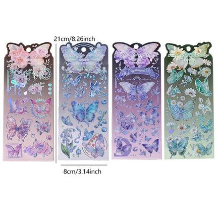 8 Sheets Butterfly Flower Stickers Set Ice Crystals Holographic Shiny Transparent Resin Waterproof Stickers 4 Themes Stickers