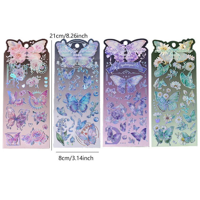 8 Sheets Butterfly Flower Stickers Set Ice Crystals Holographic Shiny Transparent Resin Waterproof Stickers 4 Themes Stickers