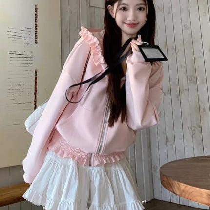 2026 Y2k Aesthetic Pink Ruffled Hoodies Women Casual Loose Harajuku Zipper Sweatshirt Spring Sweet Cute Grunge Hoody Jackets
