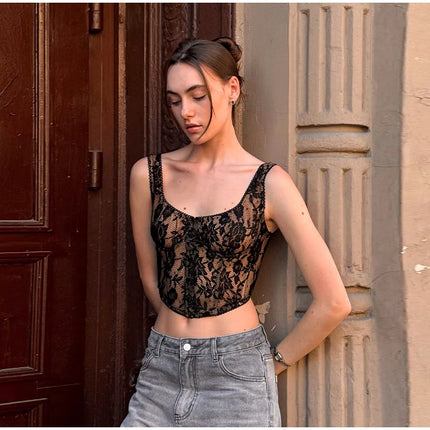 Women's Lace Corset Top Sexy Square Neck Sleeveless Slim Fit Mini Vest 2026 Spring Summer Female Casual Daily Party Fashion Tops