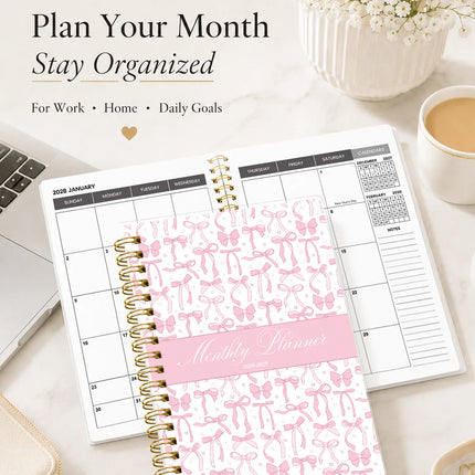 1PC 2026.7-2028.6 Monthly Planner, 24 Month Pink Bow Spiral Agenda Notebook, A5 Schedule Organizer with Notes Pages