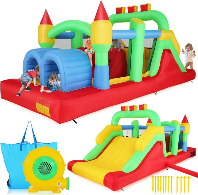 KF Inflatable Obstacle Course for Big18 x 8.2FT Kids 3-6 Bounce House Castle Dual Tunnels, Large Slide, Climbing, Obstacles