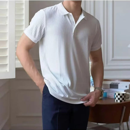 Vertical Stripe Knit Polo Men's Shirts Summer New Slim Solid Color Breathable Turn-Down Collar Business Short Sleeve Polo Tops