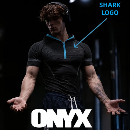 GYM ONYX V5 hooded T-shirt, SHARK silicone logo fitness suit, outdoor sports training top, running fitness hooded short sleeved