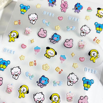 Kawaii BT21 Nail Stickers Embossed DIY Phone Cases Water Bottles Nail Decoration Stickers CHIMMY COOKY KOYA TATA Anime Gift Toys