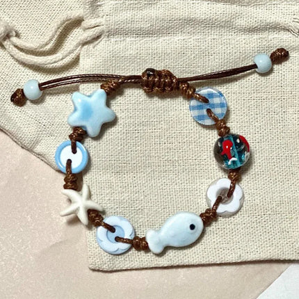 Ceramic Fish Stars Braided Rope Bracelets for Women Cute Blue Small Buttons Bracelets Romantic Adjustable Jewelry Accessories