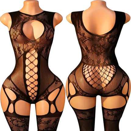 Big Loophole Bodystocking Mesh Sheer Baby Doll Dress Erotic Crotchless Lingerie Women Sexy Bow Fishnet Hollow Babydoll Underwear