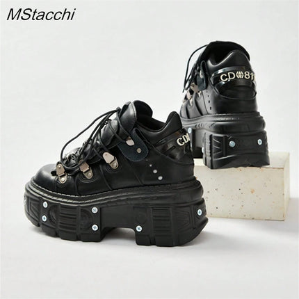 Punk Style Women Black Shoes Rock Metal Decor Lace-up Heel Height Platform Shoes Gothic Man Sneakers Women Ankle Boots 2025 New