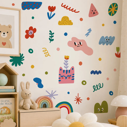 Boho Shapes Wall Decal Set, Colorful Modern Kids Room Wall Stickers, Removable Clouds & Rainbows for Nursery Toddler Bedroom