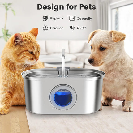 3.2L pet water dispenser, ultra-quiet stainless steel cat water fountain, automatic cat water fountain with water level window