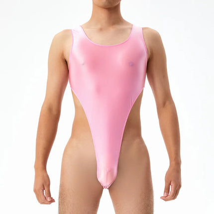 Mens Sexy Bodysuit Oil Glossy Silky Swimsuit Perspective T Crotch Tights High Elastic Large Size Seamless High Fork Swimwear