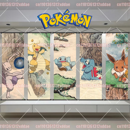 Classic Anime Pokémon Retro Scroll Painting Poliwhirl Pikachu Eevee Charizard Dragonite Squirtle Bulbasaur Creative Poster Gift