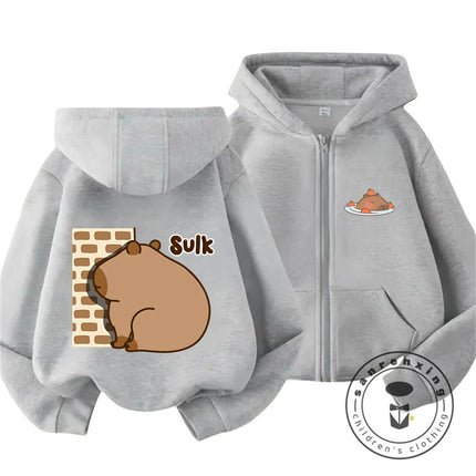 Kids Autumn Winter Capybara Hooded Zip Sweatshirt Boys Girls Cute Kawaii Trendy Cartoon New Style Hoodie 3 14Y