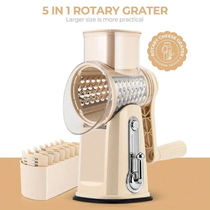 Rotary Cheese Grater With Handle - Food Shredder With 5 Well-Designed Blades & Strong Suction Base,Round Mandoline Slice