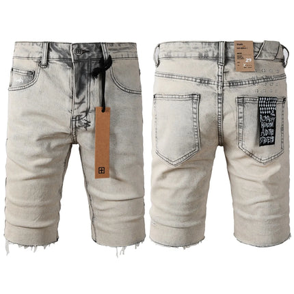 Latest Style Men's Grey Vintage Washed Denim Shorts Distressed Ripped Stitch Detail Slim Fit Casual Shorts Streetwear Bottoms