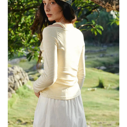 OLrain Women's Striped Tops 2026 Spring French Style Hollow Out Ladies T-shirts Casual Slim Fit Folds Female Tees O58CT003055
