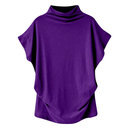 Women's New Trendy Fashion Solid Color Soft Turtleneck Top High-End Basic Daily Commute Thin Short-Sleeve Pleated Clothing