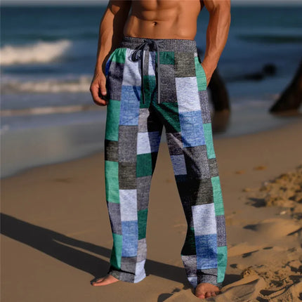 Plaid Color Block Men's Resort 3D Printed Casual Pants Trousers Elastic Waist Fit Straight-Leg Pant Summer Beach Pants