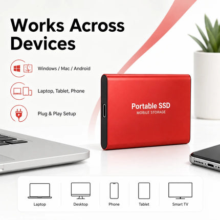 Portable Solid State Drive 2TB External SSD USB-C Hard Drive Compatible with PC Mac Windows