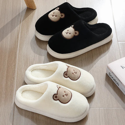 Cute Bear Cotton Slippers for Women Winter Indoor Non-slip Slides Plush Warm Men Home Sandals Flat Shoe Couples Flip Flops