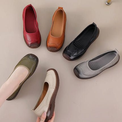 New Real Leather Perforated Ballet Flats Women's Massage Insole Slip On Moccasins Woman Hollow Loafer Casual Daily Shopping Shoe