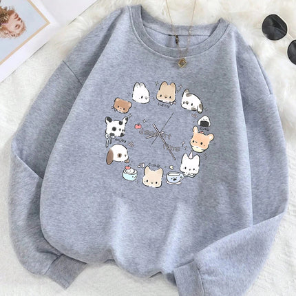 Dessert Time Creative Animals Clock Design Printed Sweatshirts Woman Top O-Neck Fleece Streetwear Soft Autumn Women's Clothing