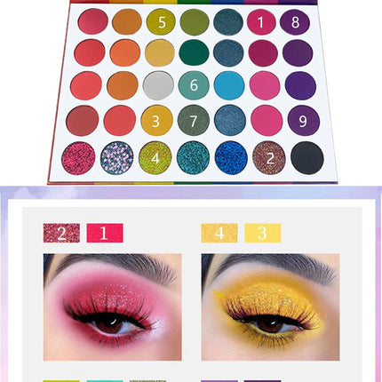 35 Color Rainbow Eyeshadow Palette - Vibrant Matte Shimmer & Glitter Makeup Set for Artistic, Festival, Party Creative Eye Looks