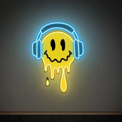 Happy Face Neon Sign Melting Happy Face With Headphone Neon UV Printing Acrylic Sign Bedroom Game Room Bar Art Wall Decor Kids G