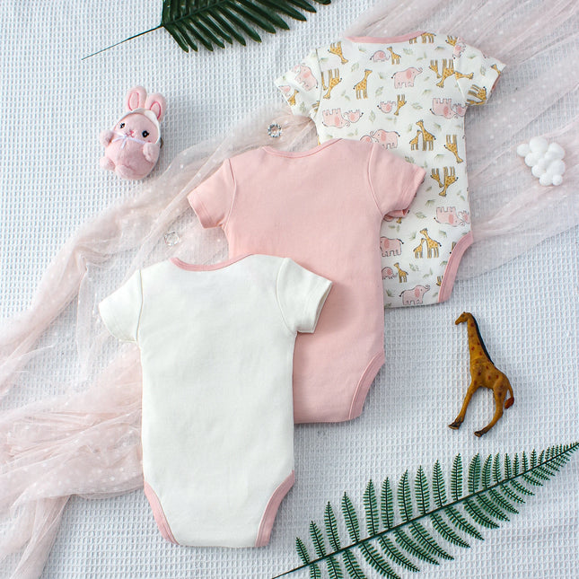  3PCS Summer Baby Girls Three Piece Bodysuit  Animal Kingdom and Elephant Letter Pattern Short Sleeve Bodysuit Mother's Day Gif
