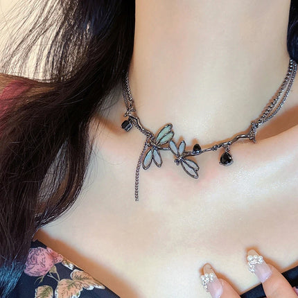 Sweet Cool Gun Black Fantasy Dragonfly Necklace for Women Gothic Black Tassels Choker Niche High-End Clavicle Chain Jewelry