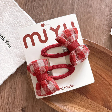 2pcs/set Red Color Korean Fashion Kids Girl Hair Clip Sweet Dot Plaid Bow Barrettes for Children Hedawear Hair Accessories