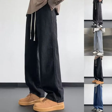 Men Elastic Drawstring Wide Leg Jeans Loose Straight High Waist Baggy Denim Pants Streetwear Hip Hop Trousers Spring