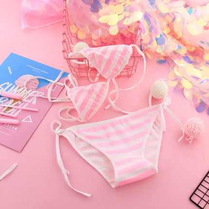 Adult Cosplay Lingerie Set Blue Pink White Striped Lolita Style Kawaii Sexy Mini Bikini Costume