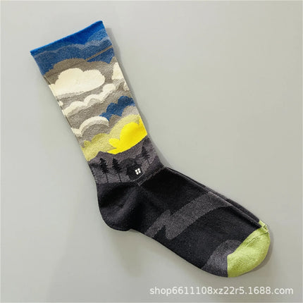 Bonne Maison French Small Batch Women's Fun Oil Painting Style Mid-Calf Cotton Dopaamine Colorful Socks Moisture Wicking Sweat