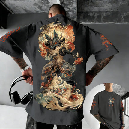 New Pokemon Cotton T Shirt with Lucario Back Print Blue Black Character and Flame Effects Design Loose Fit Men Women Casual