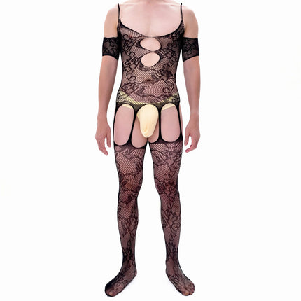 CLEVER-MENMODE Crotchless Pantyhose Men Bodysuit Sexy Fishnet Lingerie Lace Mesh Jumpsuit Stockings Garter Belt Sissy Nightwear