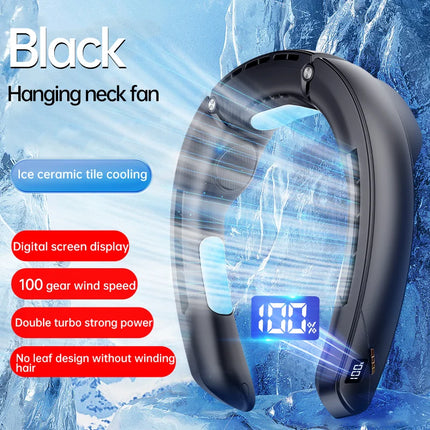 Neck Hanging Fan with TEC Semiconductor Cooling, 100 Speed, Quiet, No-Leaf, LED Display, Long Battery Life