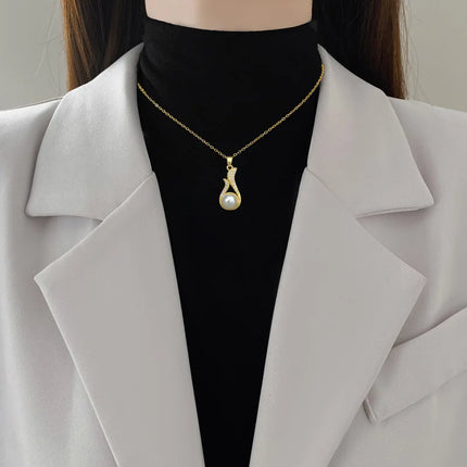 XIYANIKE316L Stainless Steell Necklace Earring Set For Women Pearl Zircon Water Droplet Design Personal Clavicle Chain Ear Studs