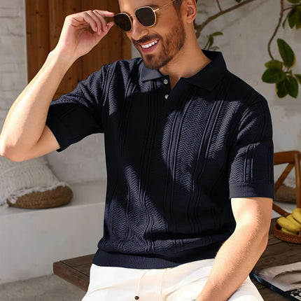 New 2026 Knitted Polo Shirt - Twisted Knit Texture Men's Summer Casual Collar Short Sleeve Buttoned Solid Color Hooded Knitted T