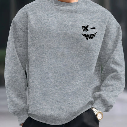 Men's autumn and winter warm casual loose fashionable classic smiling face pattern printed long sleeved round neck sweatshirt