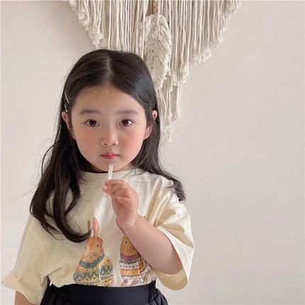 2025 Summer Kids Clothes Children Short Sleeve Korean Style Rabbit Flower Print T-Shirt Baby Girls Half Sleeve Round Neck Tops