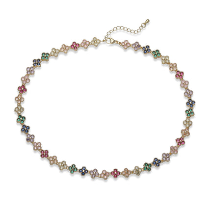 HECHENG, Colorful Flower CZ Stone Copper Metal Bracelet/Necklace with Lobster Clasp, Adjustable, Minimalist Romantic Jewelry