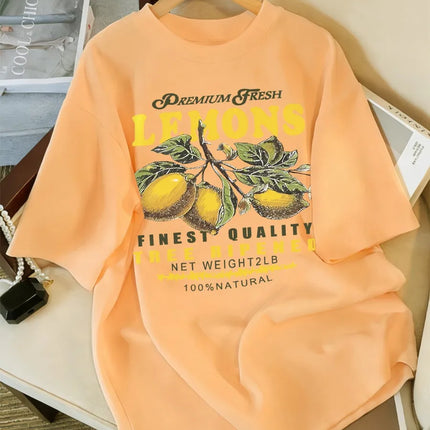 Lemons Fruits Premium Fresh Printing T Shirt Woman Loose Cotton Sportswear O-Neck Casual T Shirts Loose All-Match Short Sleeve