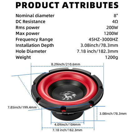 1pcs 8 Inch Car Subwoofer 1200W HiFi Stereo Mid Bass Car Speakers High Sensitivity Multimedia Music Home Theater Car Audio 4 Ohm